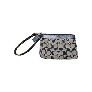 Coach Jacquard Signature C Black Leather Trim Pleated Wristlet Wallet Zip Close
